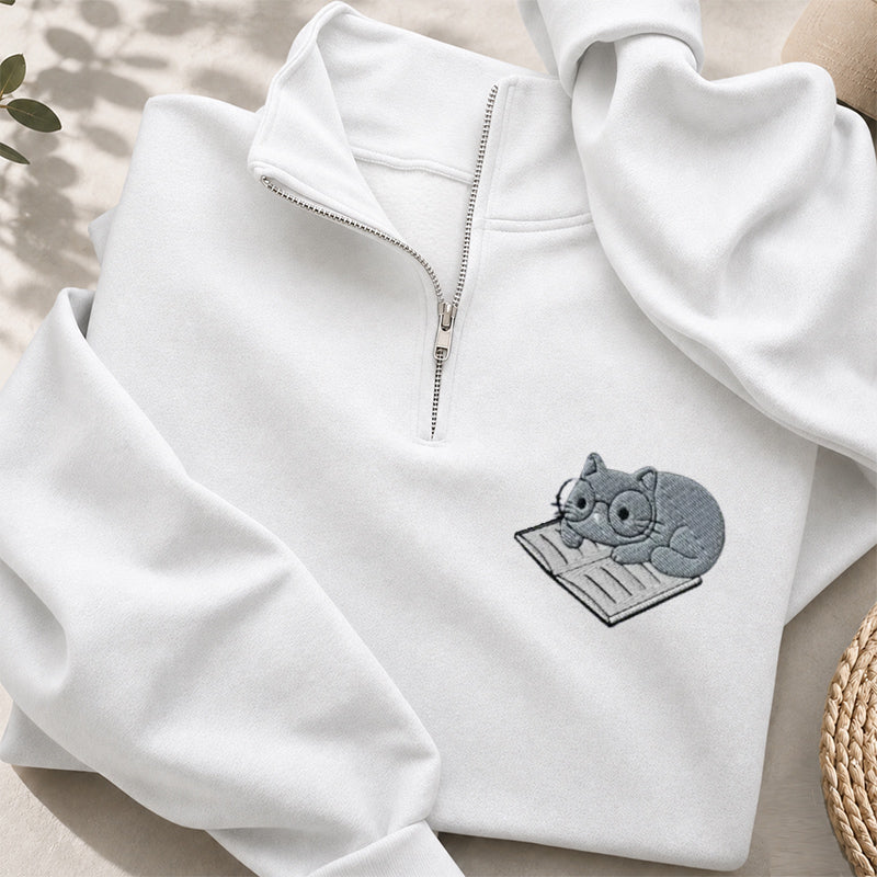 Embroidered Cat On Book Classic Quarter Zip Sweatshirt
