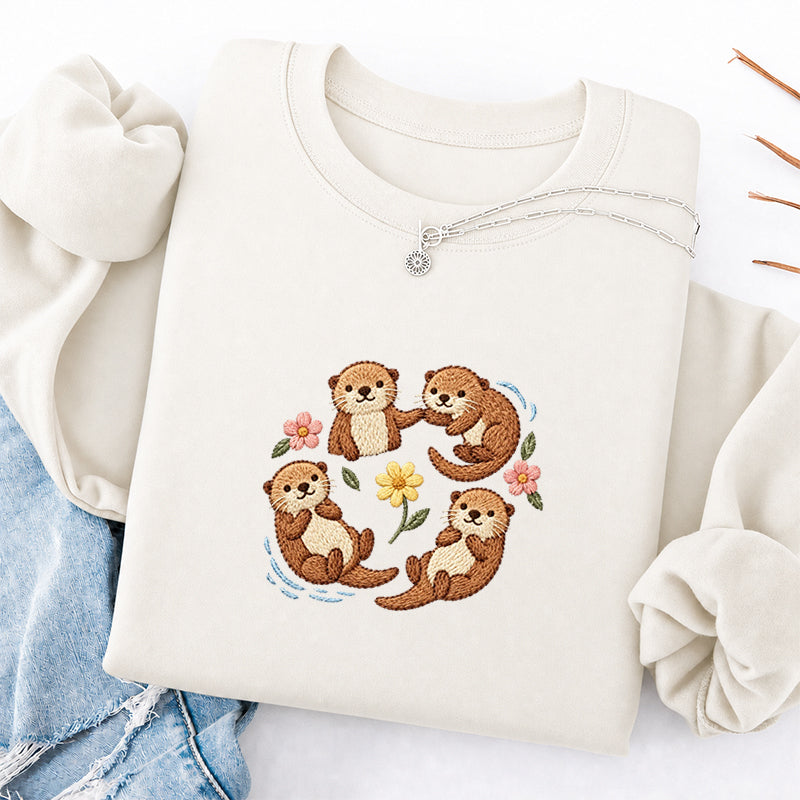 Embroidered Sea Otters And Flowers Classic Crewneck Sweatshirt