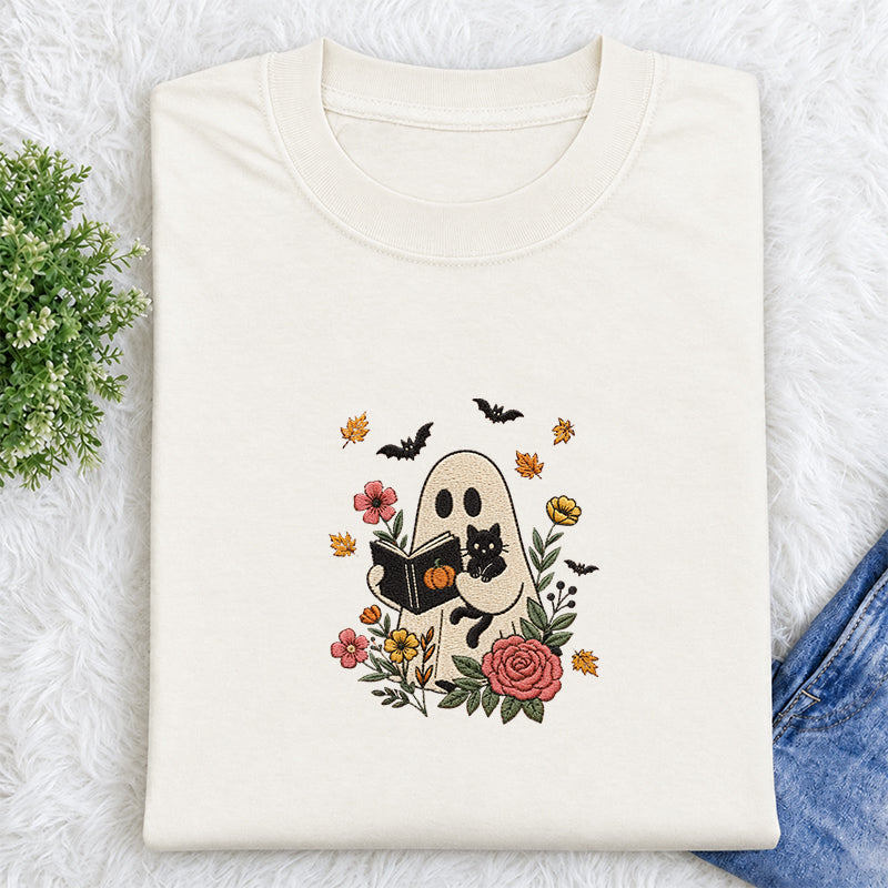 Embroidered Floral Ghost Reading Classic Crew Neck T-Shirt