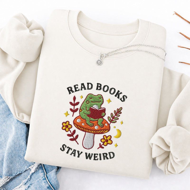 Embroidered Read Books Stay Weird Reading Frog Classic Crewneck Sweatshirt