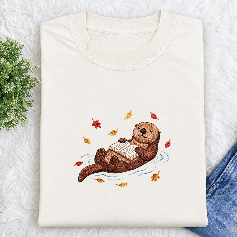 Embroidered Otter Reading Book Classic Crew Neck T-Shirt