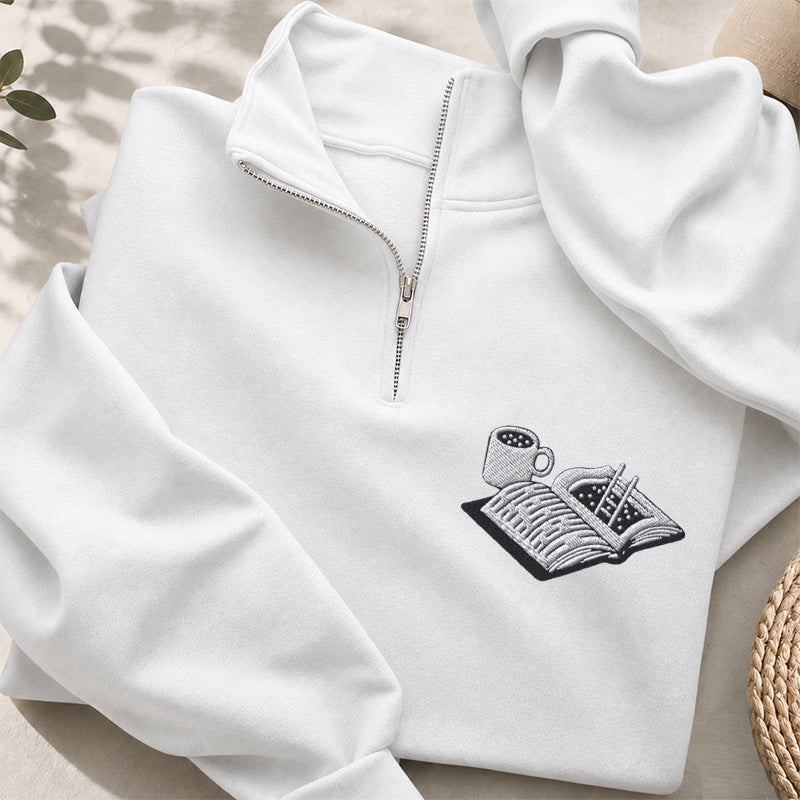 Embroidered Coffee & Reading Classic Quarter Zip Sweatshirt