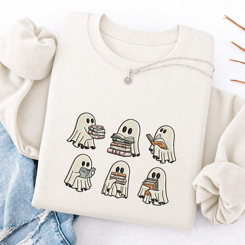 Embroidered Halloween Ghost Reading Classic Crewneck Sweatshirt