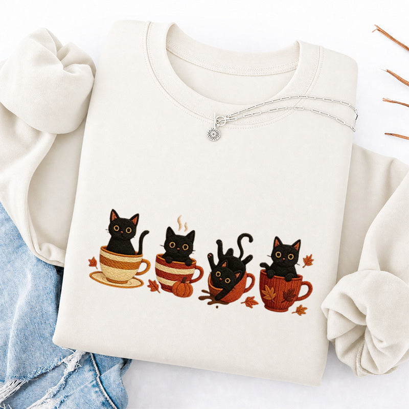 Embroidered Black Cat Coffee Classic Crewneck Sweatshirt