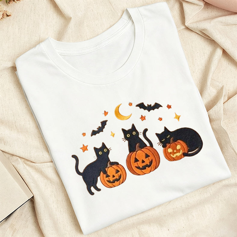 Embroidered Black Cats Pumpkins Classic Adult Unisex Crew Neck T-Shirt