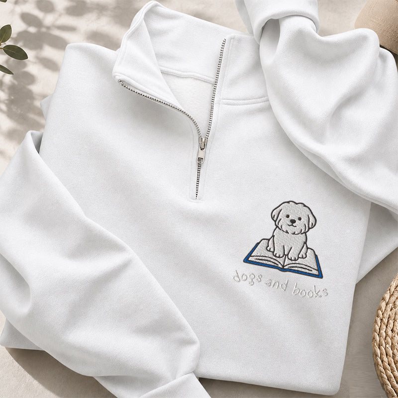 Embroidered Dogs And Books Classic Quarter Zip Sweatshirt