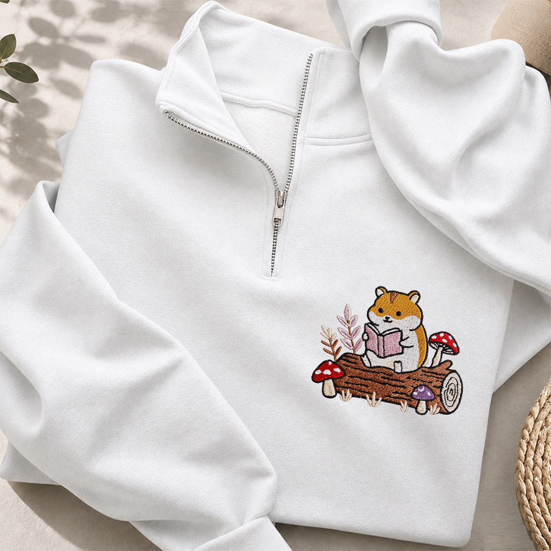 Embroidered Hamster Reading Books Classic Quarter Zip Sweatshirt