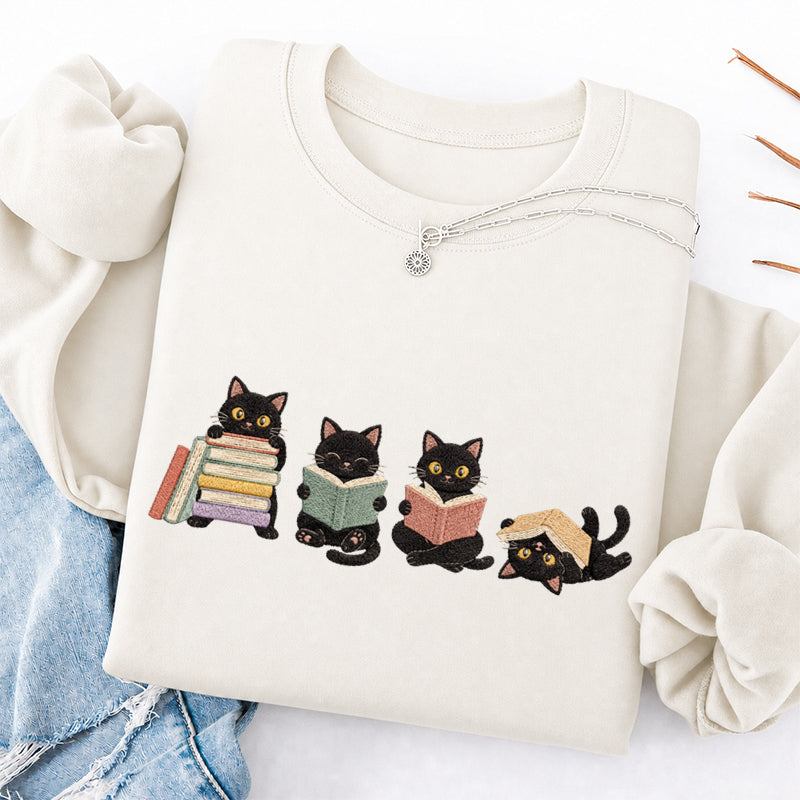 Embroidered Cat Reading Classic Crewneck Sweatshirt