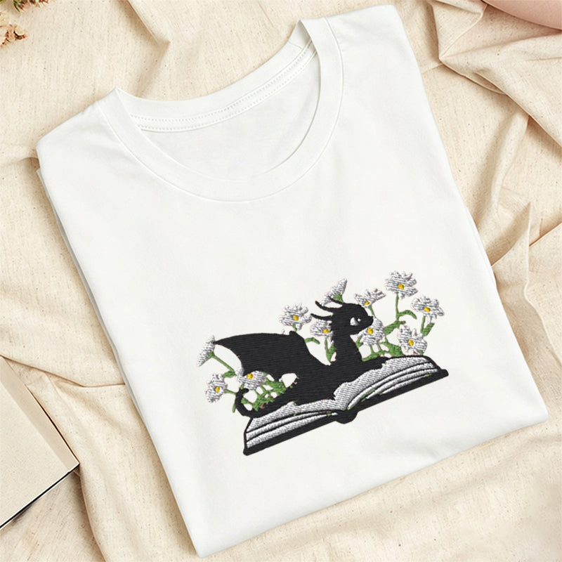 Embroidered Floral Dragon Book Classic Adult Unisex Crew Neck T-Shirt