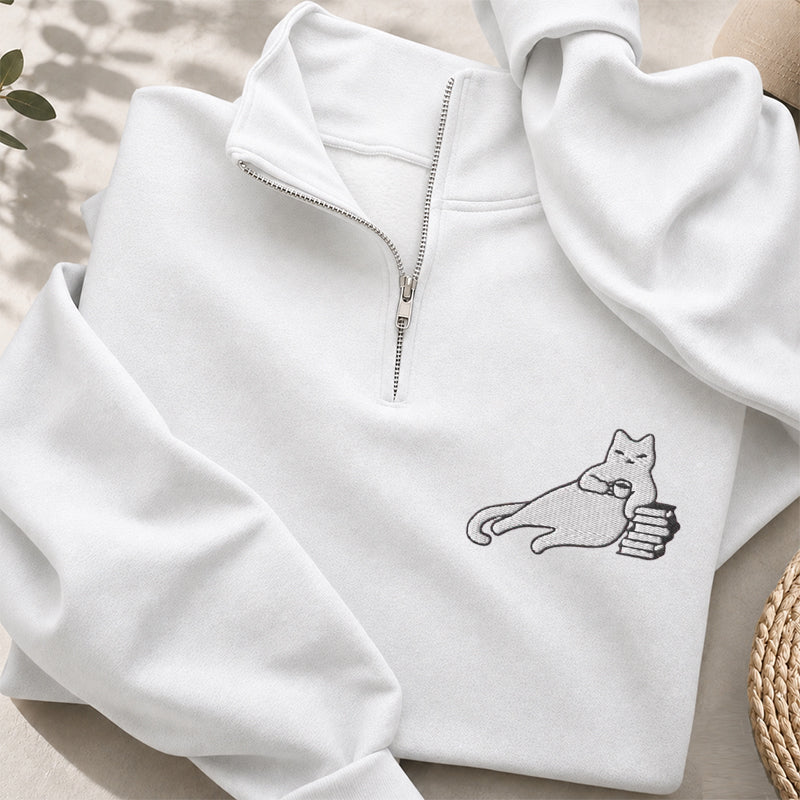 Embroidered Bookish Cat Drinking Coffee Classic Quarter Zip Sweatshirt