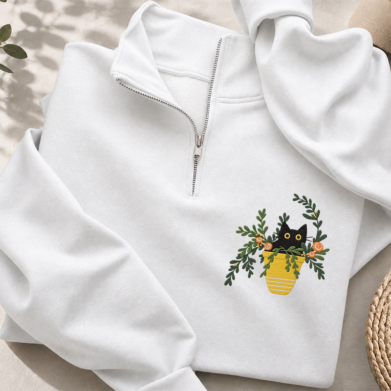 Embroidered Black Cat Flowerpot Classic Quarter Zip Sweatshirt