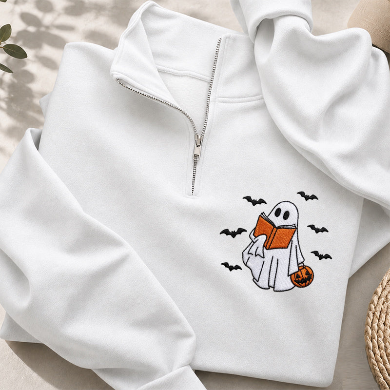 Embroidered Halloween Reading Ghost Classic Quarter Zip Sweatshirt