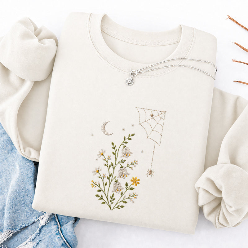 Embroidered Floral Spider Web Classic Crewneck Sweatshirt