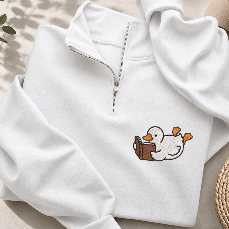 Embroidered Reading Duck Classic Quarter Zip Sweatshirt