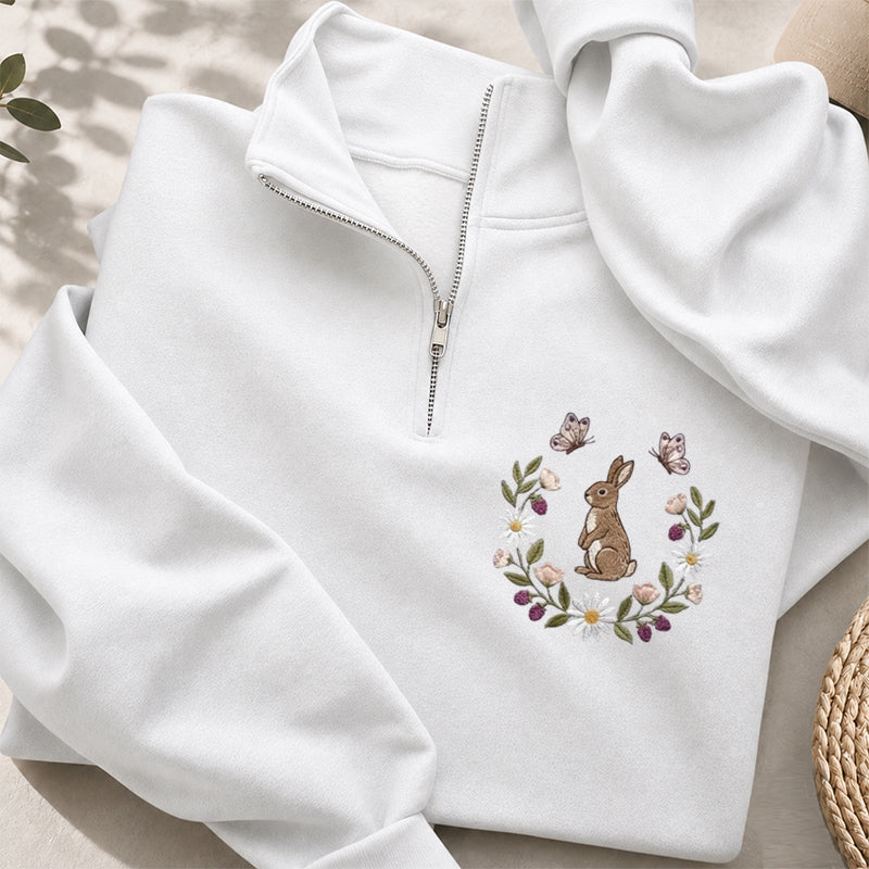 Embroidered Rabbit and Butterfly Classic Quarter Zip Sweatshirt
