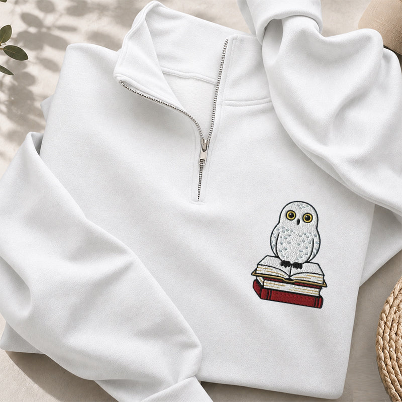 Embroidered Snow Owl On Bookstack Classic Quarter Zip Sweatshirt