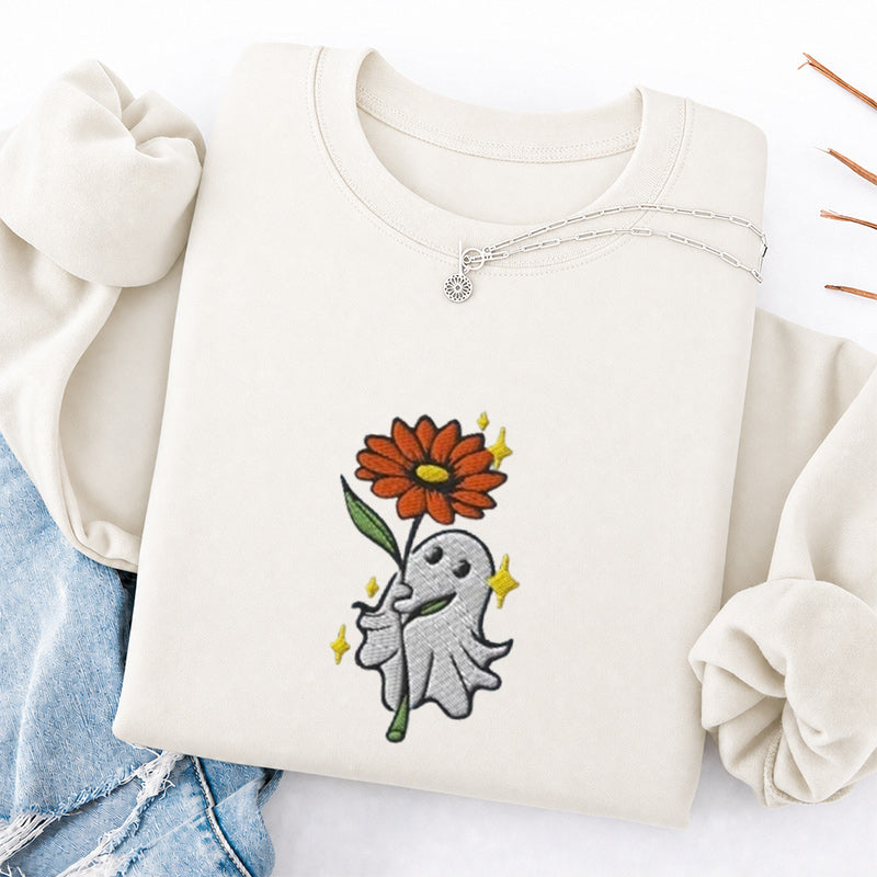 Embroidered Ghost Holding a Flower Classic Crewneck Sweatshirt