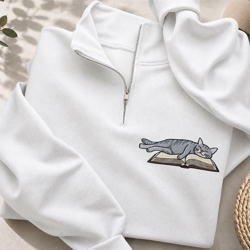 Embroidered Cat Sleeping On The Book Classic Quarter Zip Sweatshirt