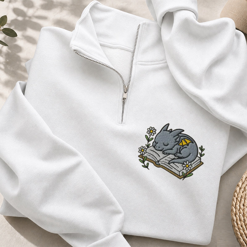 Embroidered Dragon Book Reading Classic Quarter Zip Sweatshirt