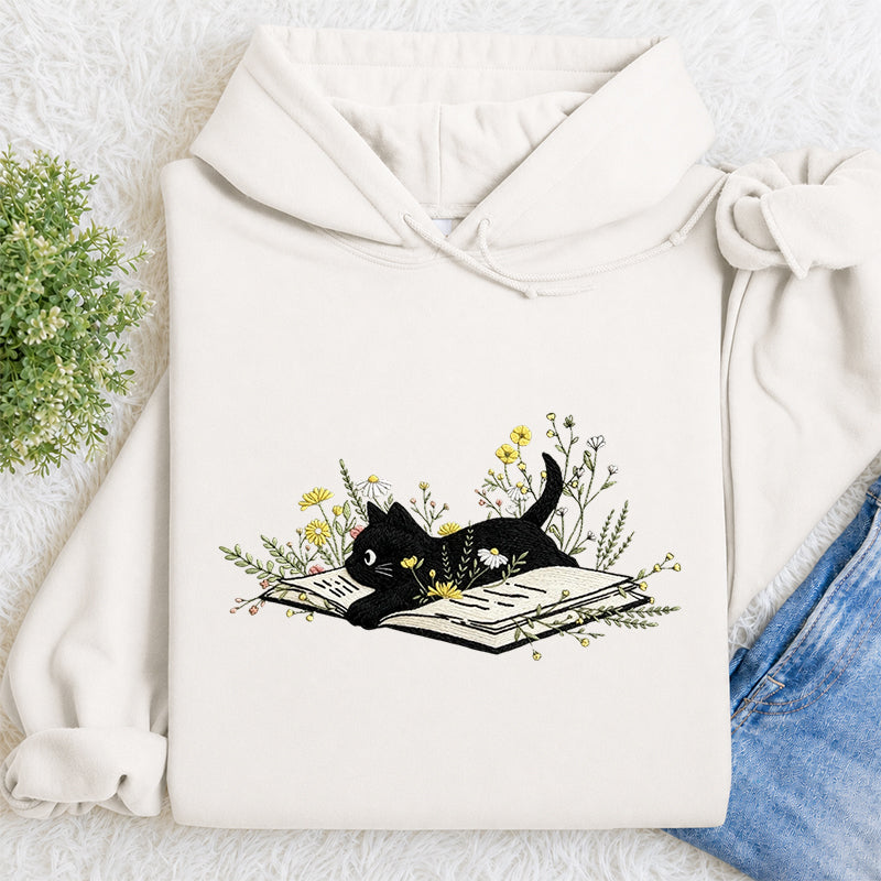Embroidered Floral Book Cat Classic Adult Unisex Hoodie