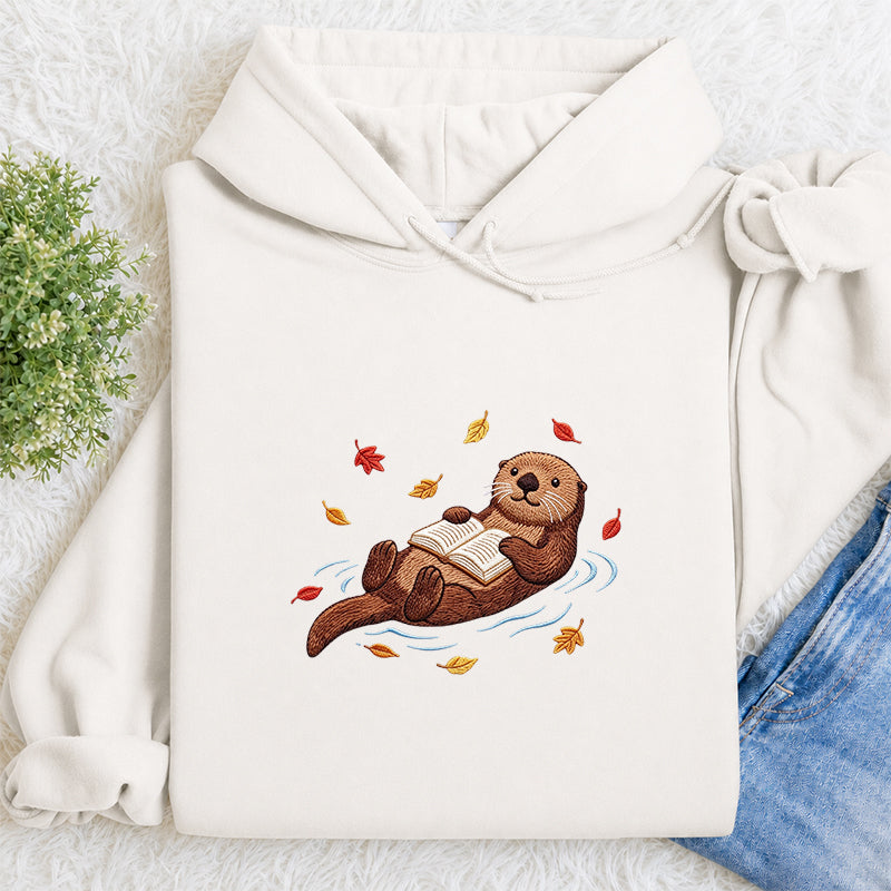 Embroidered Otter Reading Books Classic Adult Unisex Hoodie