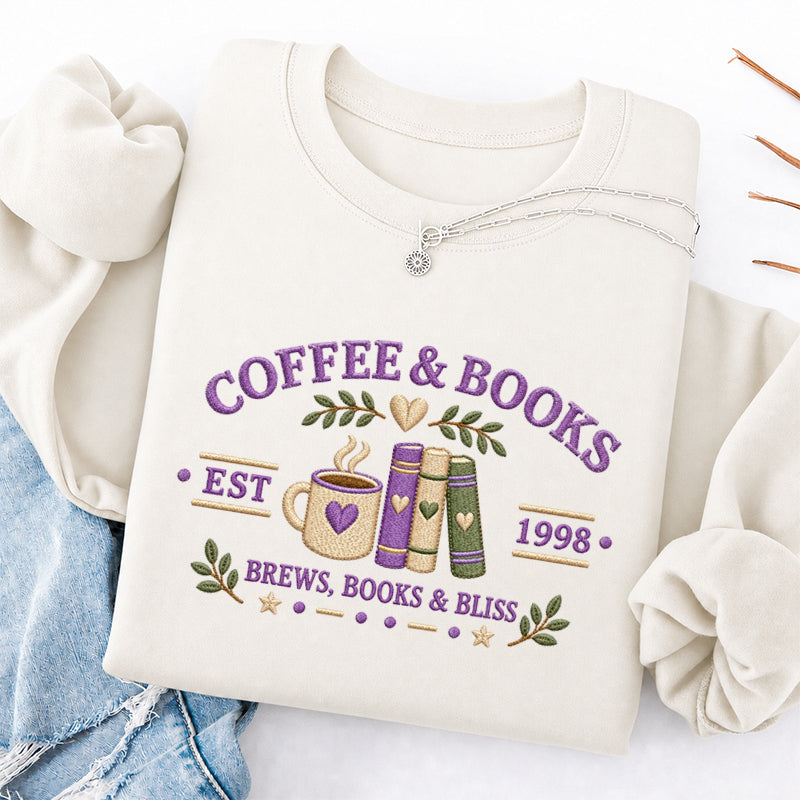 Embroidered Coffee And Books Classic Crewneck Sweatshirt