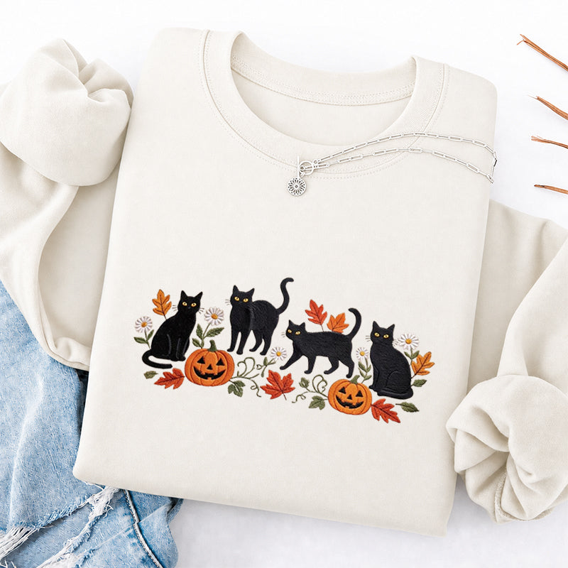 Embroidered Halloween Black Cat Pumpkins Classic Crewneck Sweatshirt