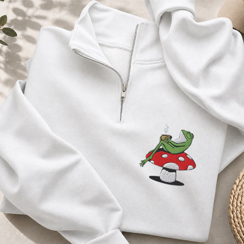 Embroidered Frog Coffee Time Classic Quarter Zip Sweatshirt