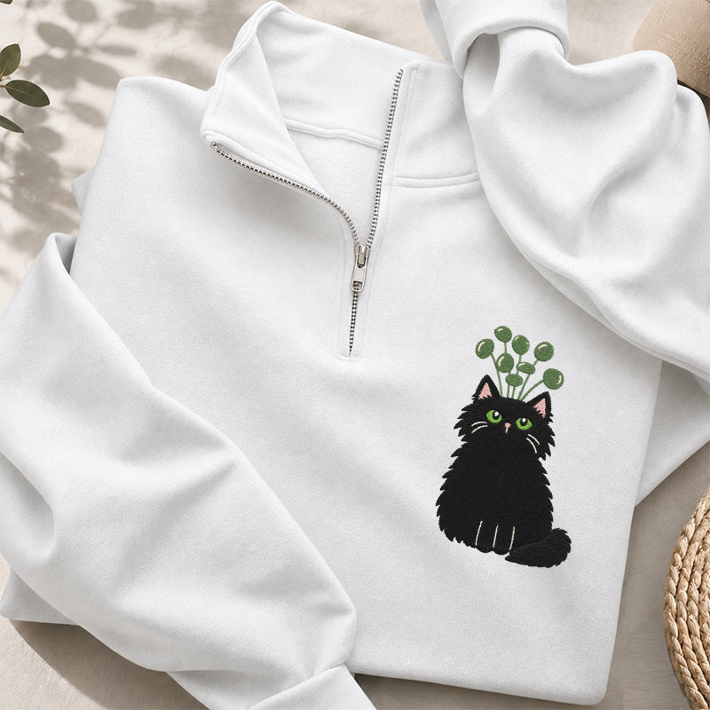 Embroidered Plant Black Cat Classic Quarter Zip Sweatshirt