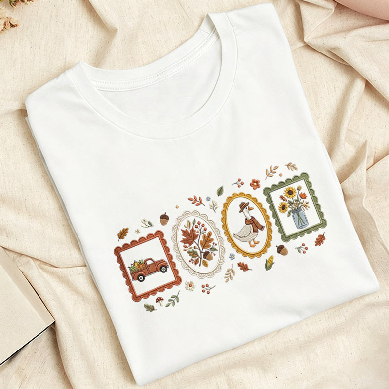 Embroidered Autumn Postcards Classic Adult Unisex Crew Neck T-Shirt