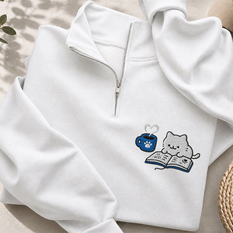 Embroidered Reading Kitten Classic Quarter Zip Sweatshirt