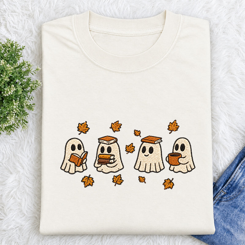 Embroidered Autumn Bookish Ghost Classic Crew Neck T-Shirt