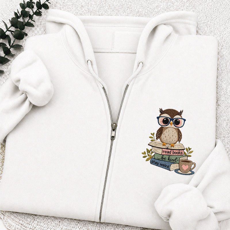 Embroidered Read Books Be Kind Owl Classic Full Zip Hoodie