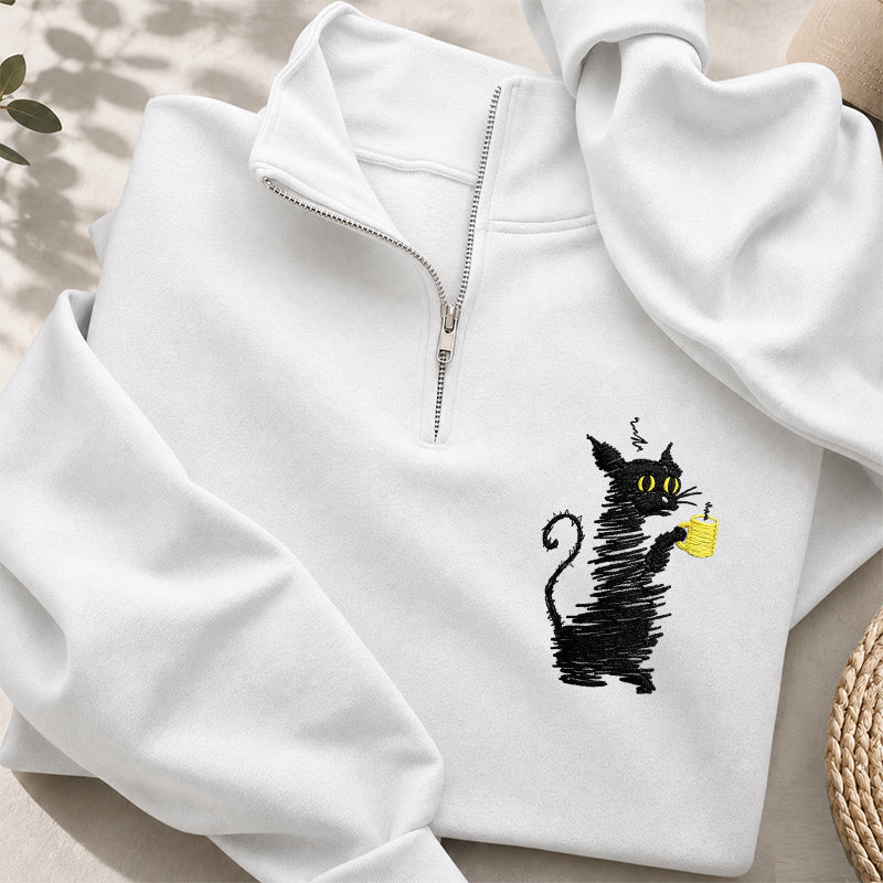 Embroidered Coffee Black Cat Classic Quarter Zip Sweatshirt