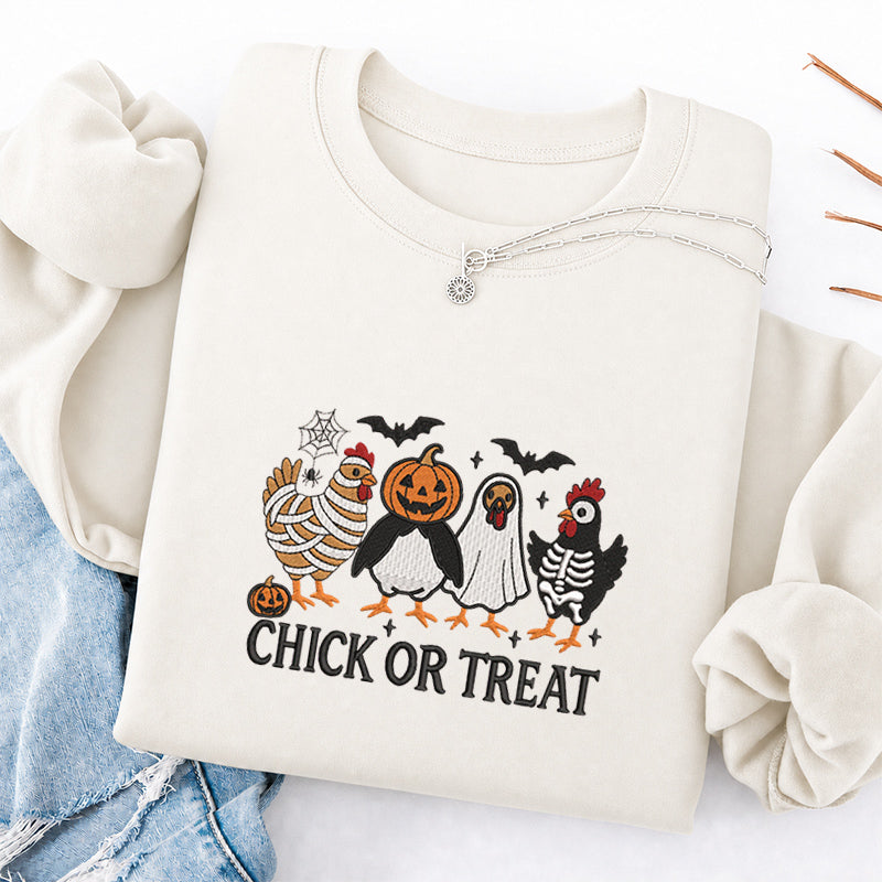 Embroidered Chick Or Treat Classic Crewneck Sweatshirt