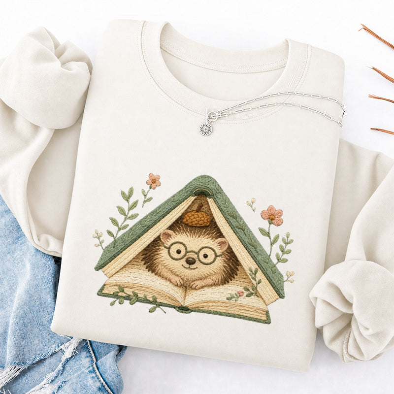 Embroidered Hedgehog Book Flower Classic Crewneck Sweatshirt