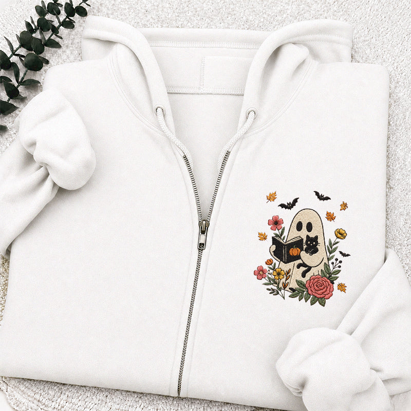 Embroidered Floral Ghost Reading Classic Full Zip Hoodie