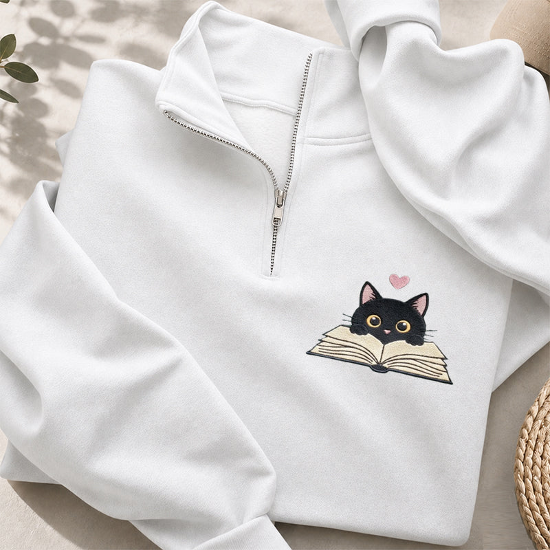 Embroidered Reading Black Cat Classic Quarter Zip Sweatshirt