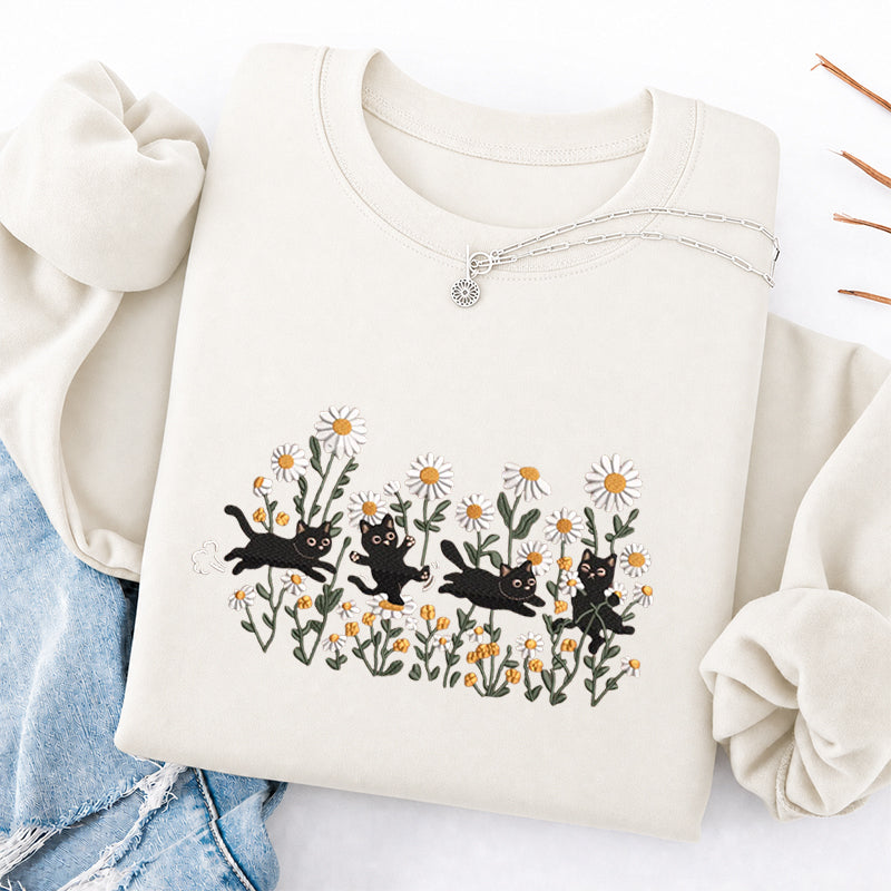 Embroidered Garden Playing Cats Daisy Classic Crewneck Sweatshirt