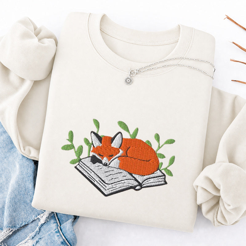 Embroidered Sleeping Fox On The Book Classic Crewneck Sweatshirt