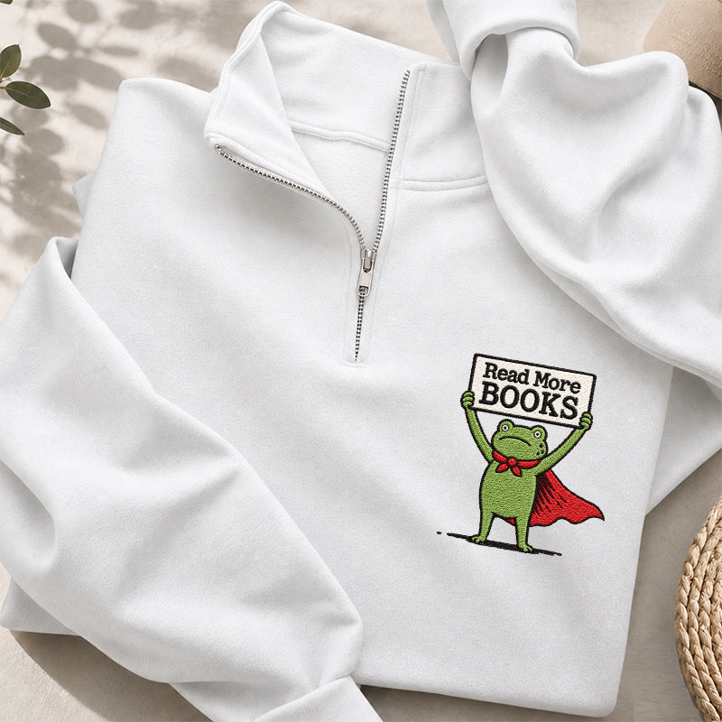 Embroidered Read More Books Frog Classic Quarter Zip Sweatshirt
