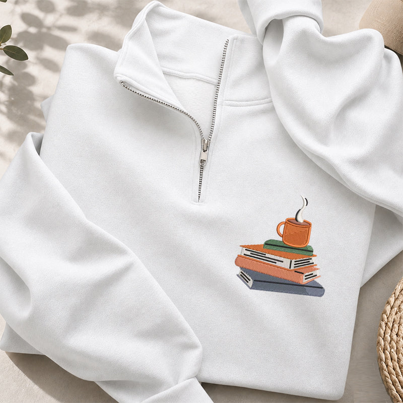 Embroidered Book and Coffee Classic Quarter Zip Sweatshirt