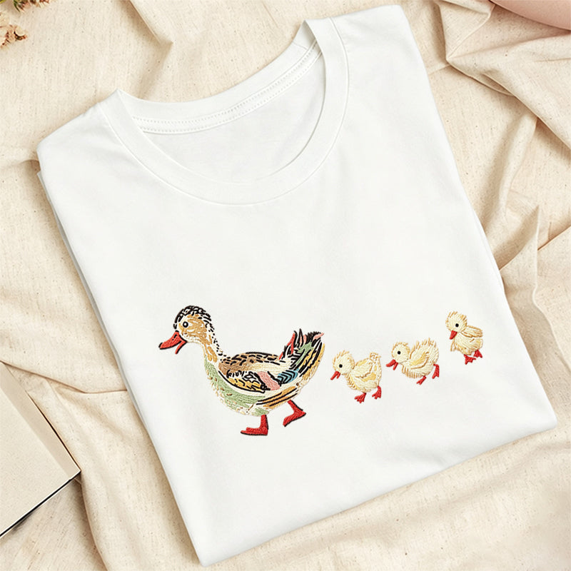 Embroidered Art Mama Duck & Ducklings Classic Adult Unisex Crew Neck T-Shirt