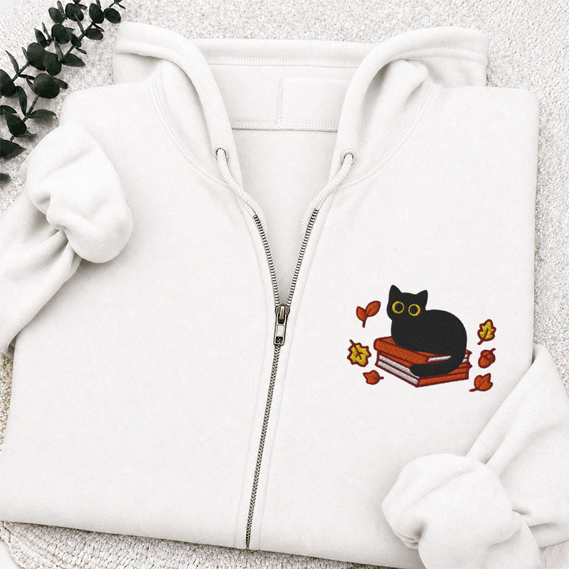 Embroidered Autumn Black Cat Book Classic Adult Unisex Full Zip Hoodie