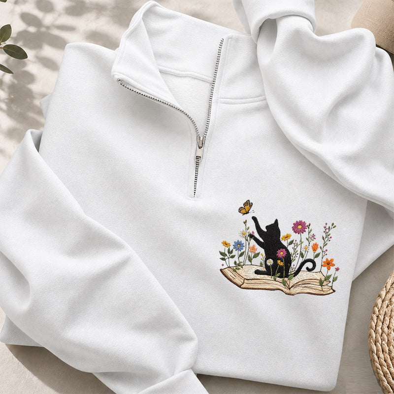 Embroidered Floral Book Cat Classic Quarter Zip Sweatshirt