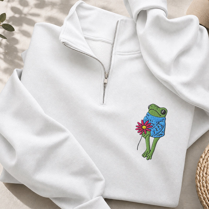 Embroidered Flower Frog Classic Quarter Zip Sweatshirt
