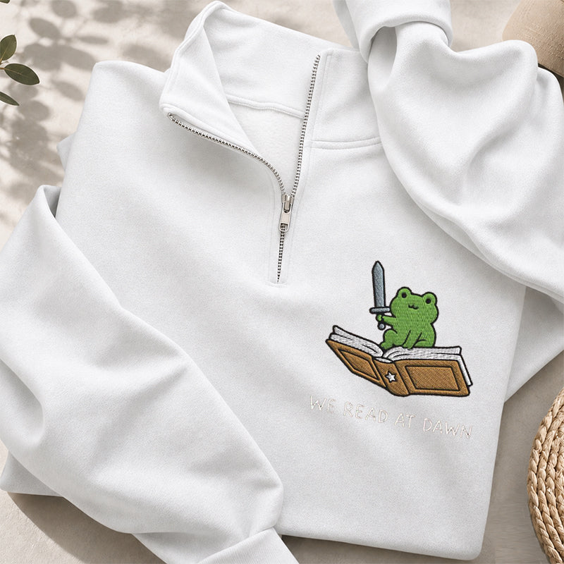 Embroidered We Read At Dawn Frog Classic Quarter Zip Sweatshirt