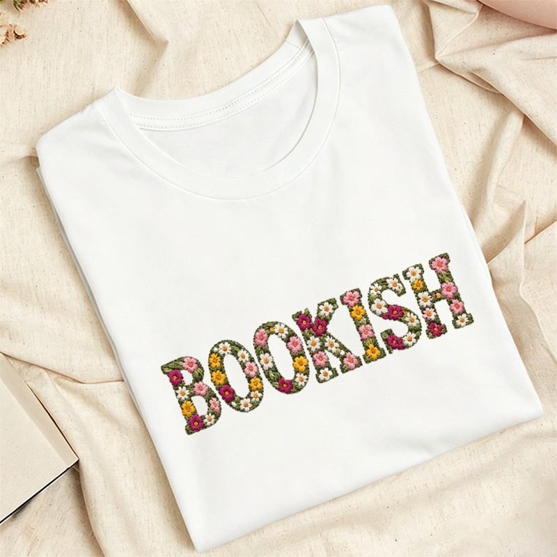 Embroidered Floral Bookish Classic Adult Unisex Crew Neck T-Shirt