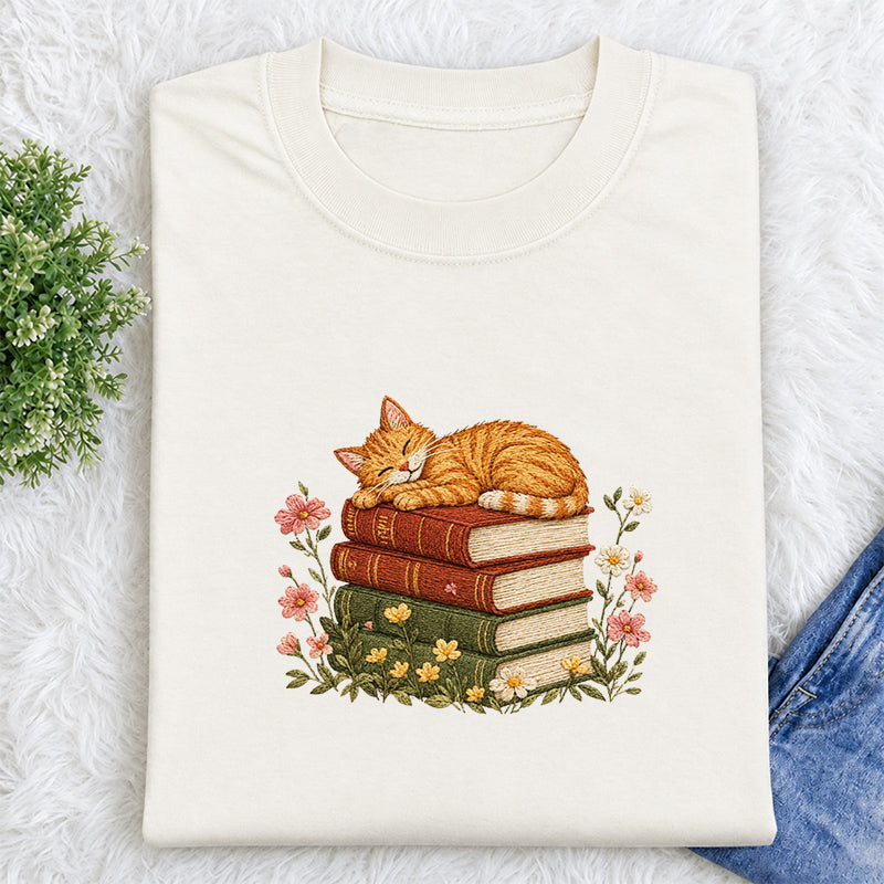Embroidered Cat Sleeping On Books Classic Crew Neck T-Shirt