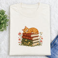 Embroidered Cat Sleeping On Books Classic Crew Neck T-Shirt
